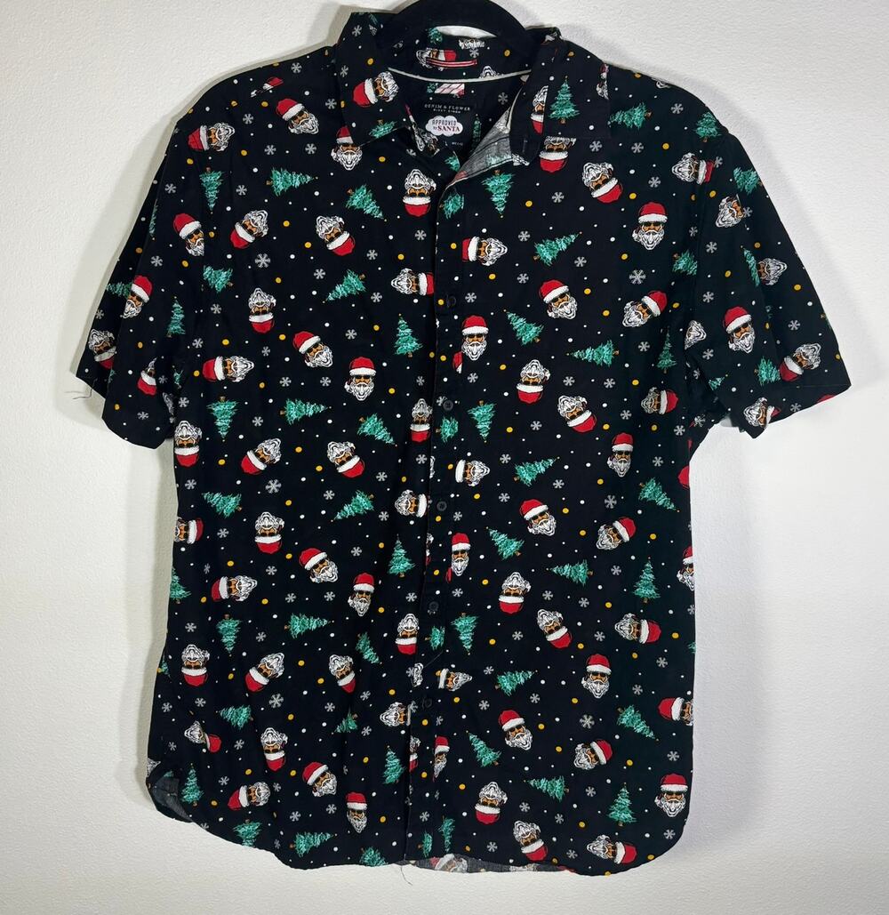 Denim & Flower Mens L Santa Christmas Shirt Black 100% Cotton Button Up Holiday